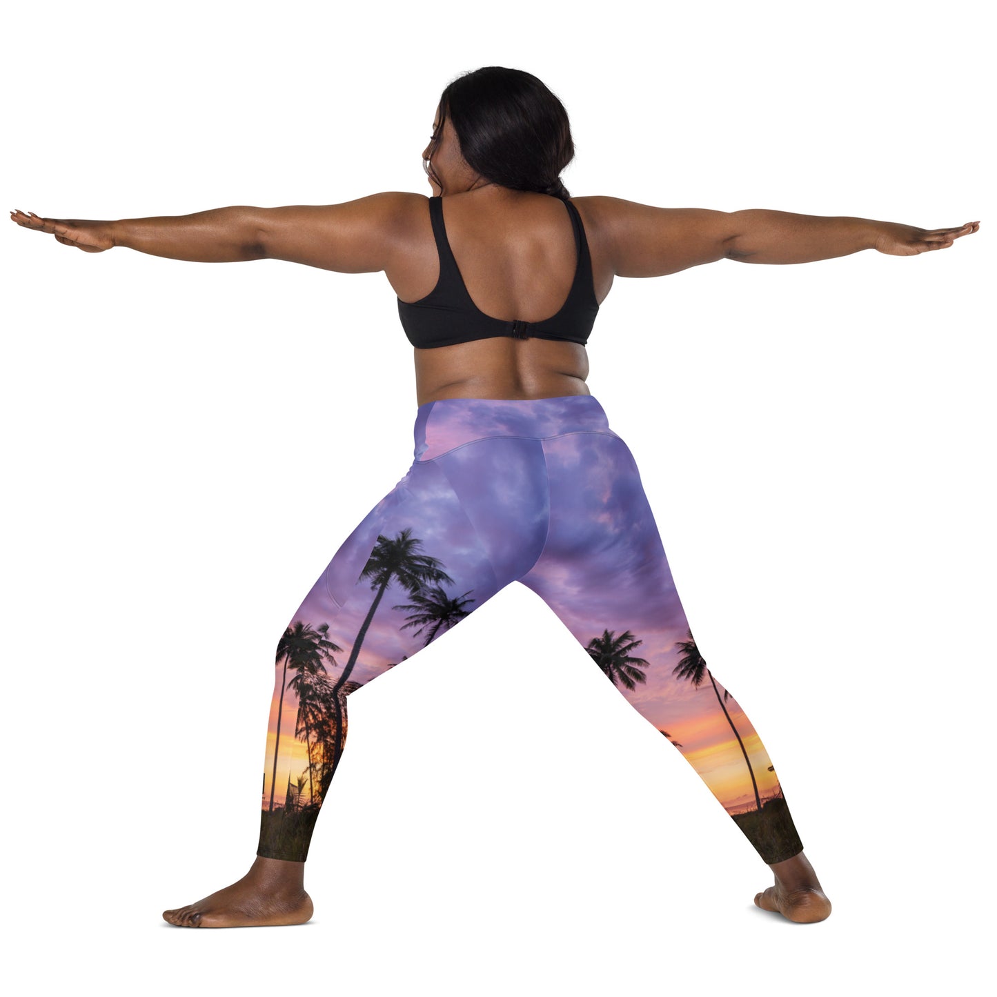EHM Crossover leggings with pockets - Purple Sunset Palm Trees