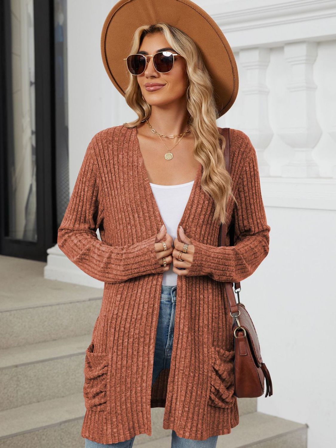 Pocketed Open Front Long Sleeve Cardigan