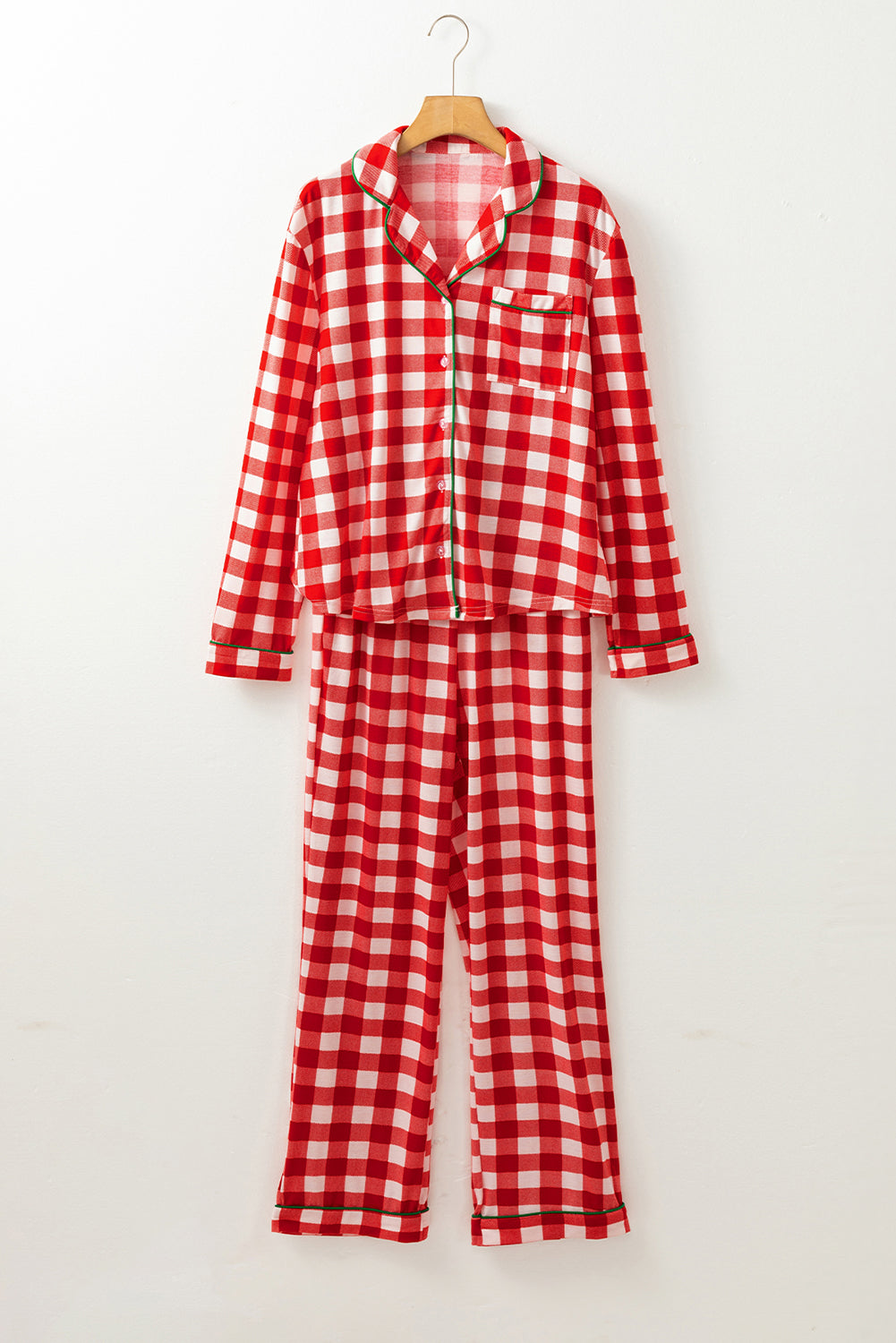 Plaid Collared Neck Long Sleeve Top and Pants Set