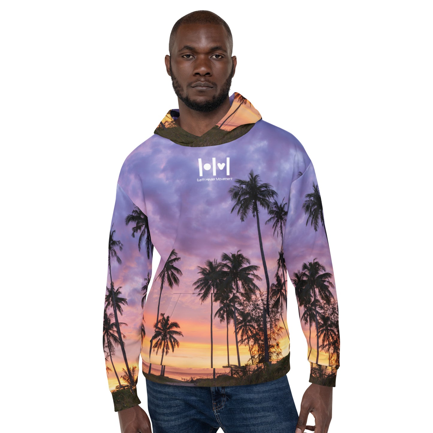 EHM Unisex Hoodie Tropical Sunset Purple Black Palm Trees