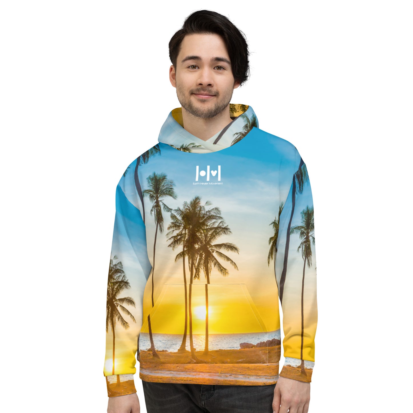 EHM Unisex Hoodie SUNSET PALM TREE Blue Yellow