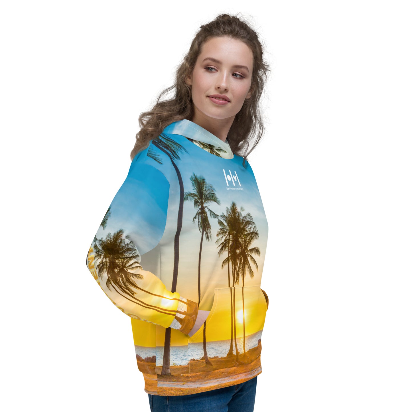 EHM Unisex Hoodie SUNSET PALM TREE Blue Yellow