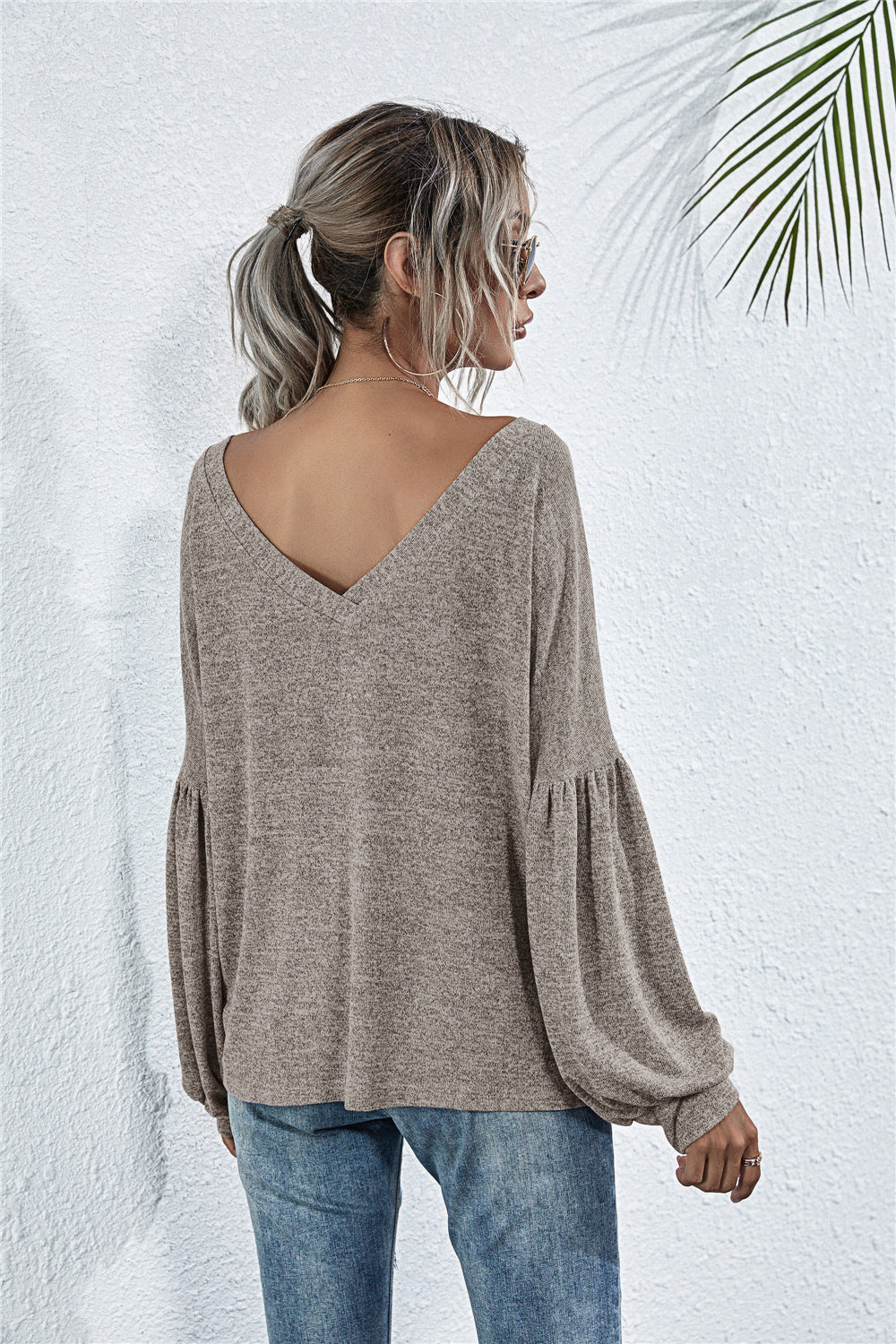 V-Neck Long Sleeve Dropped Shoulder Knit Top