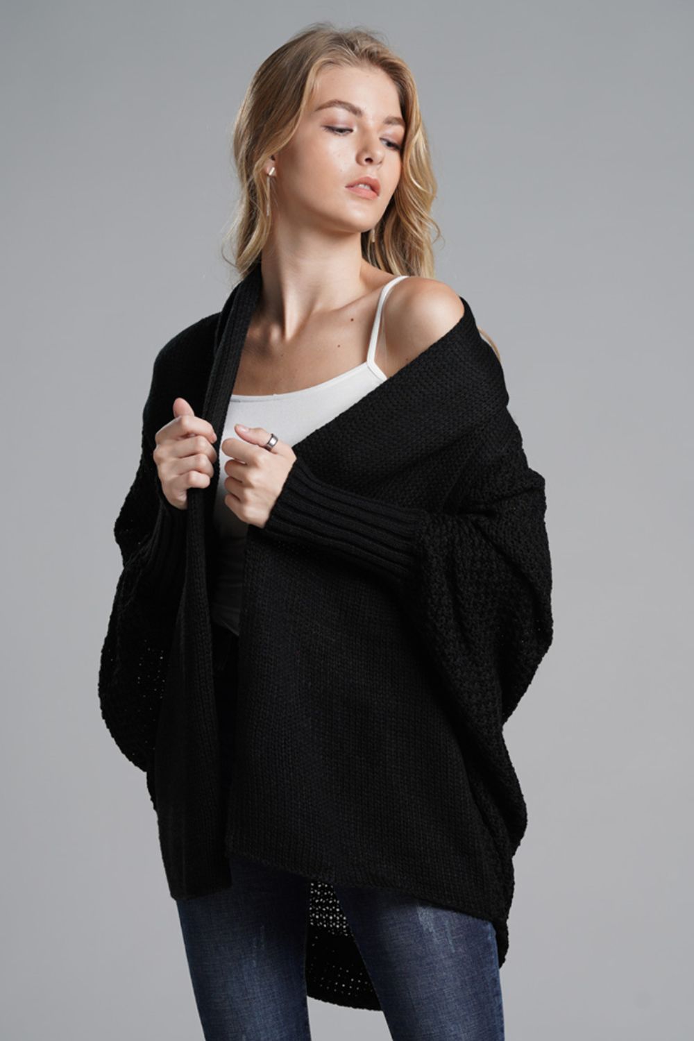 Dolman Sleeve Open Front Ribbed Trim Longline Cardigan