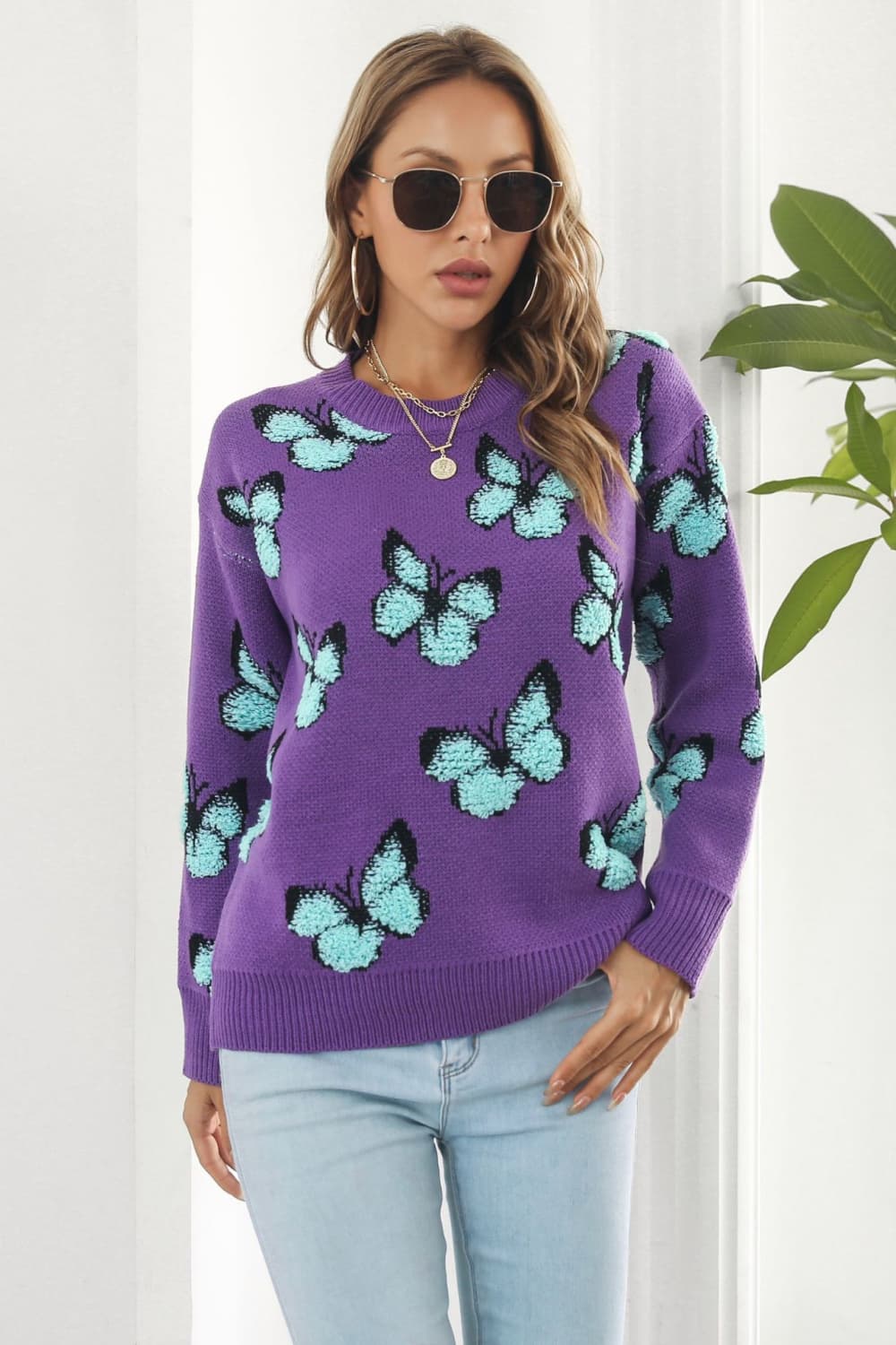 Butterfly Pattern Round Neck Dropped Shoulder Sweater