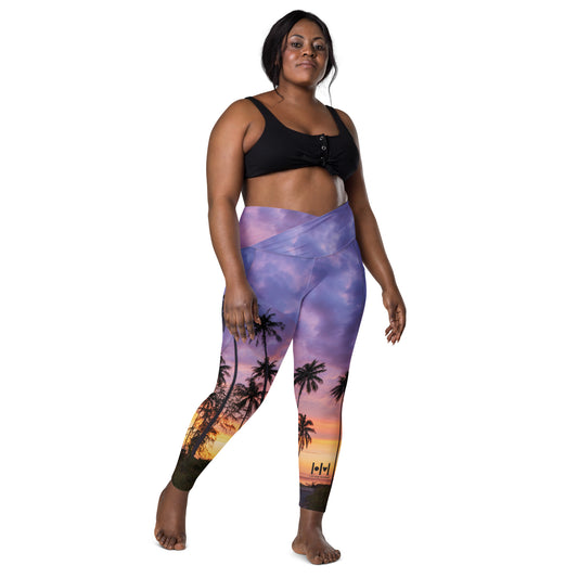 EHM Crossover leggings with pockets - Purple Sunset Palm Trees