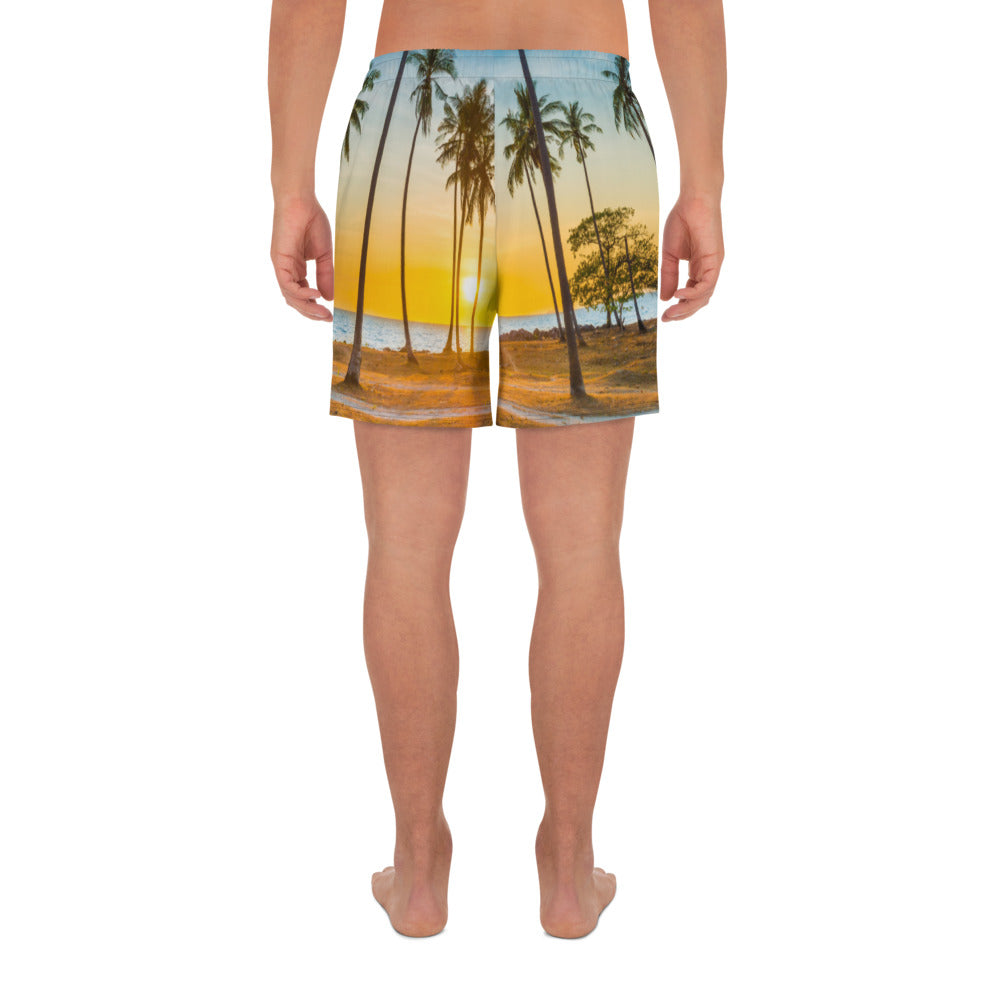 Men's Athletic Long Shorts - Yellow Blue Palms