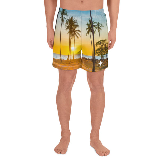 Men's Athletic Long Shorts - Yellow Blue Palms