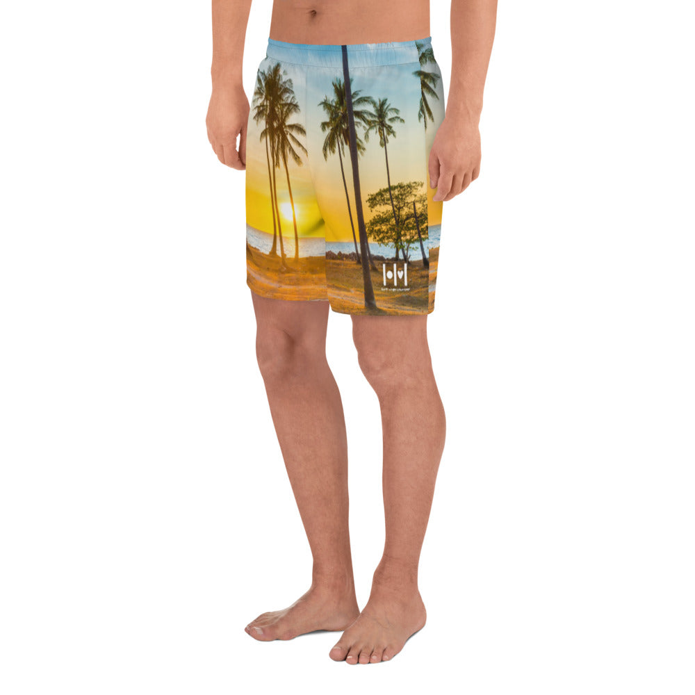 Men's Athletic Long Shorts - Yellow Blue Palms