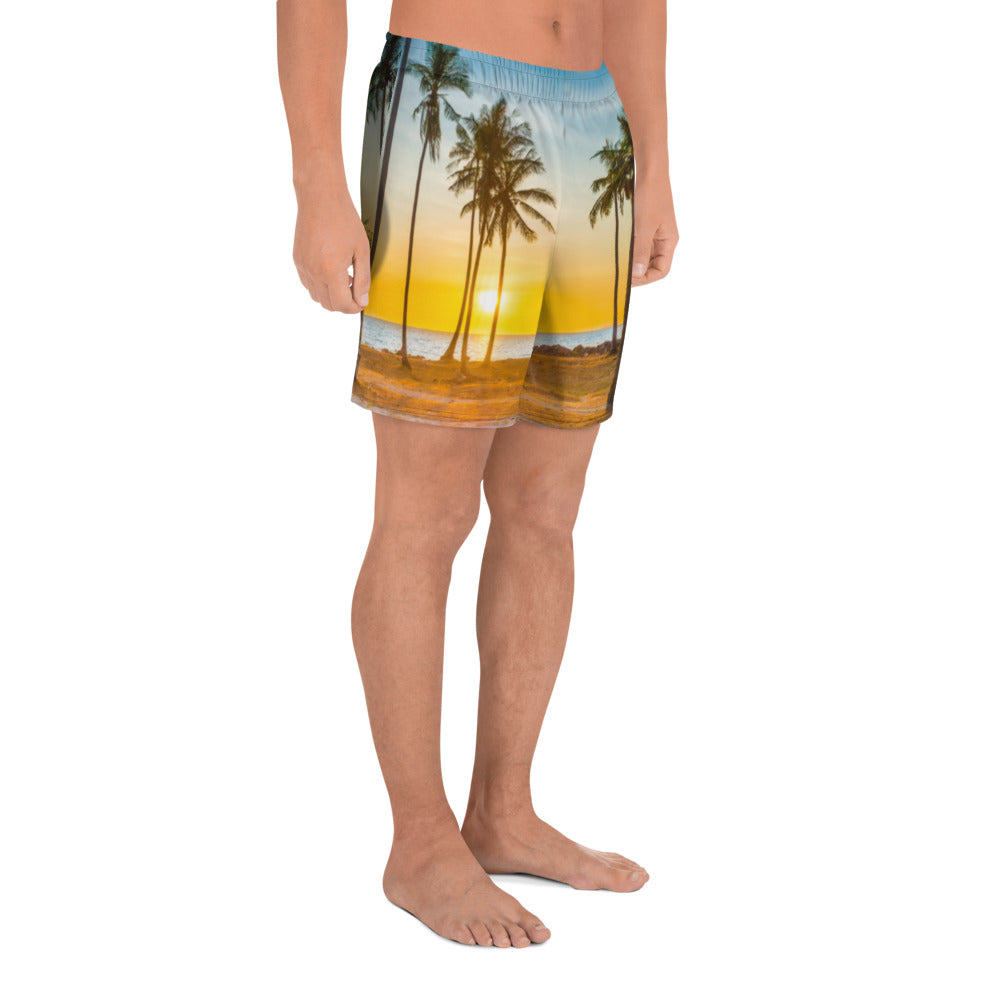 Men's Athletic Long Shorts - Yellow Blue Palms