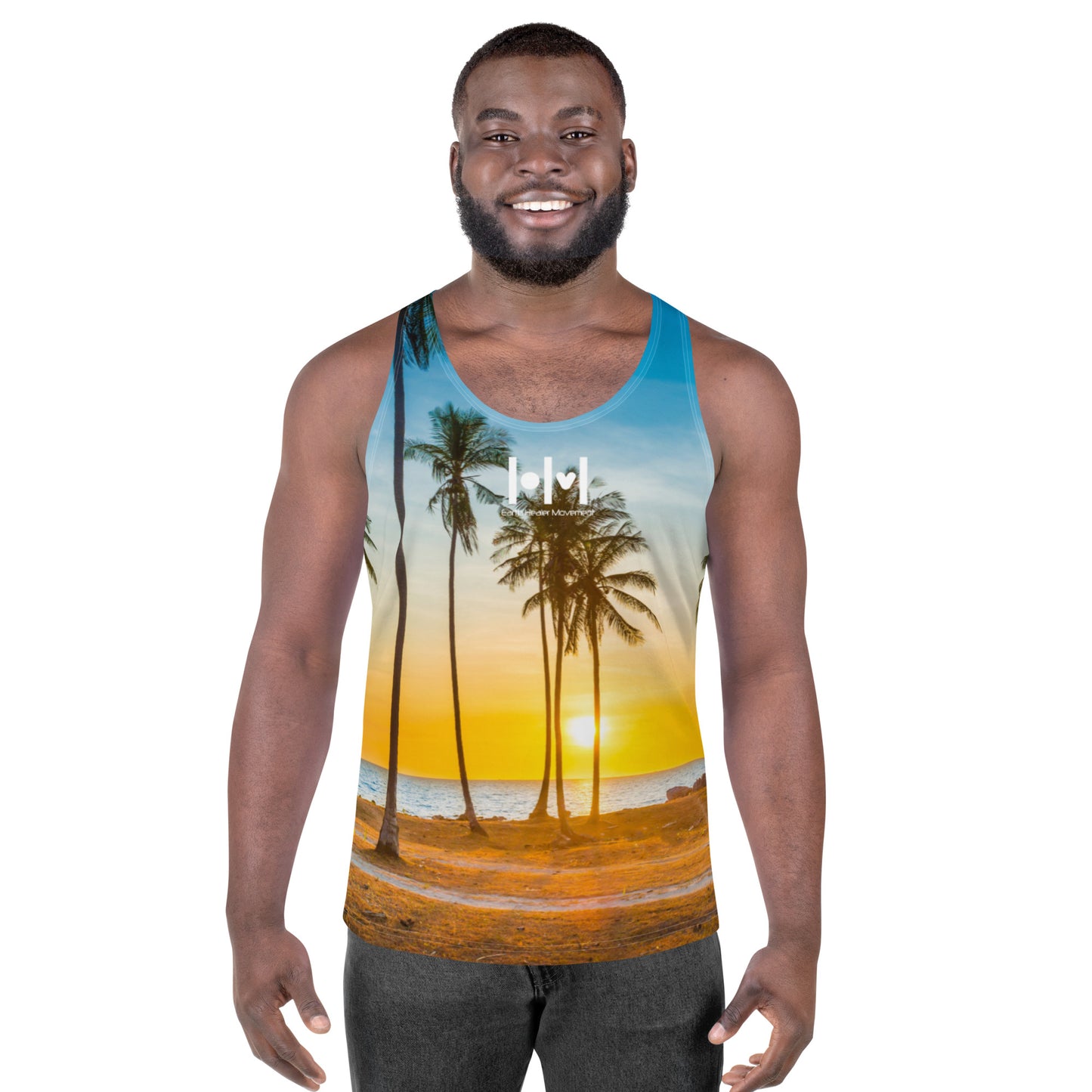 EHM Unisex Tank Top - Skyline Sunset Palm Trees Yellow Purple