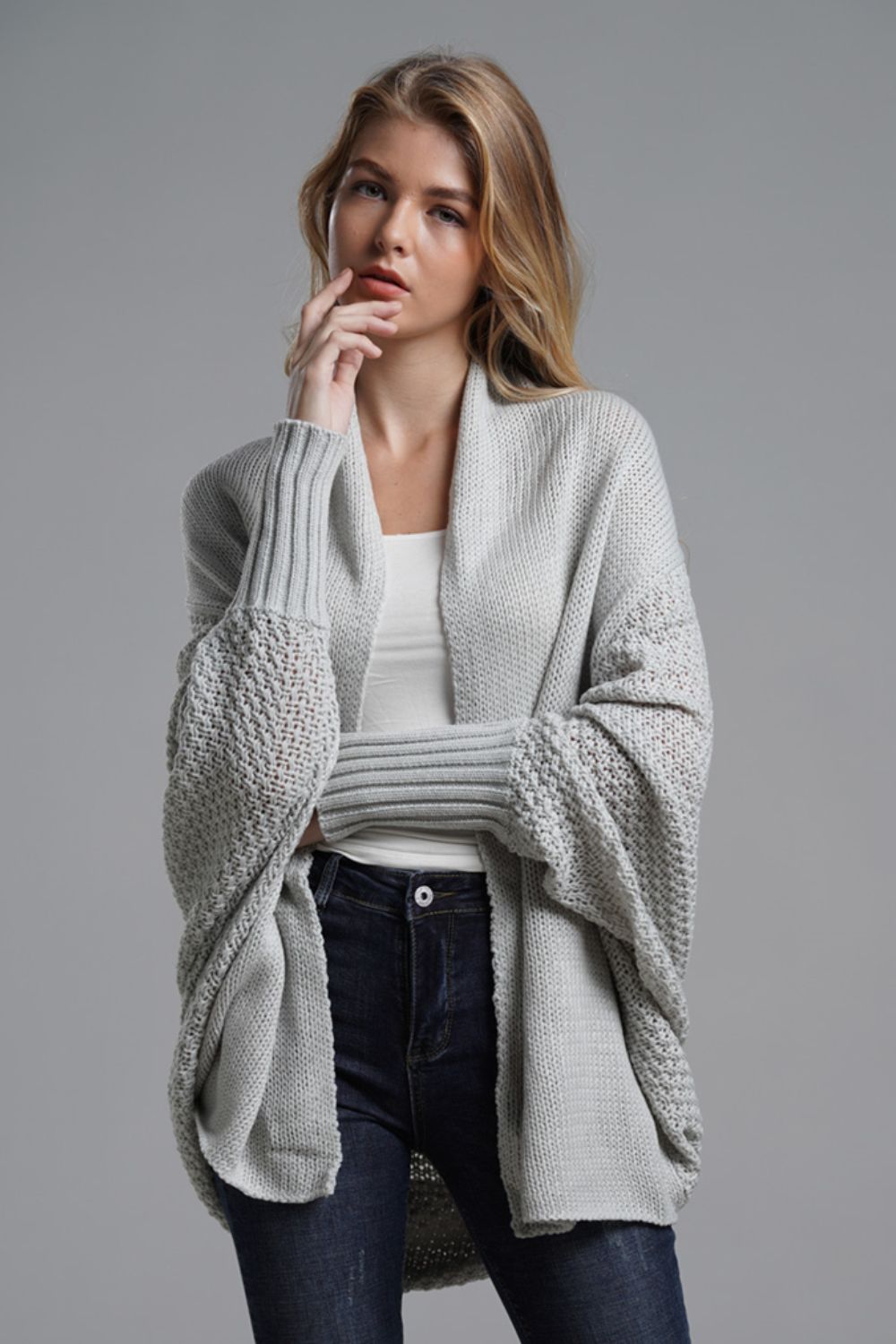 Dolman Sleeve Open Front Ribbed Trim Longline Cardigan