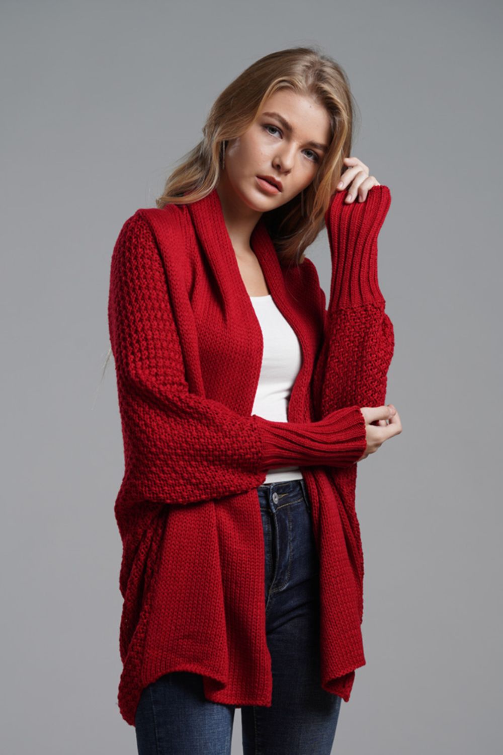 Dolman Sleeve Open Front Ribbed Trim Longline Cardigan