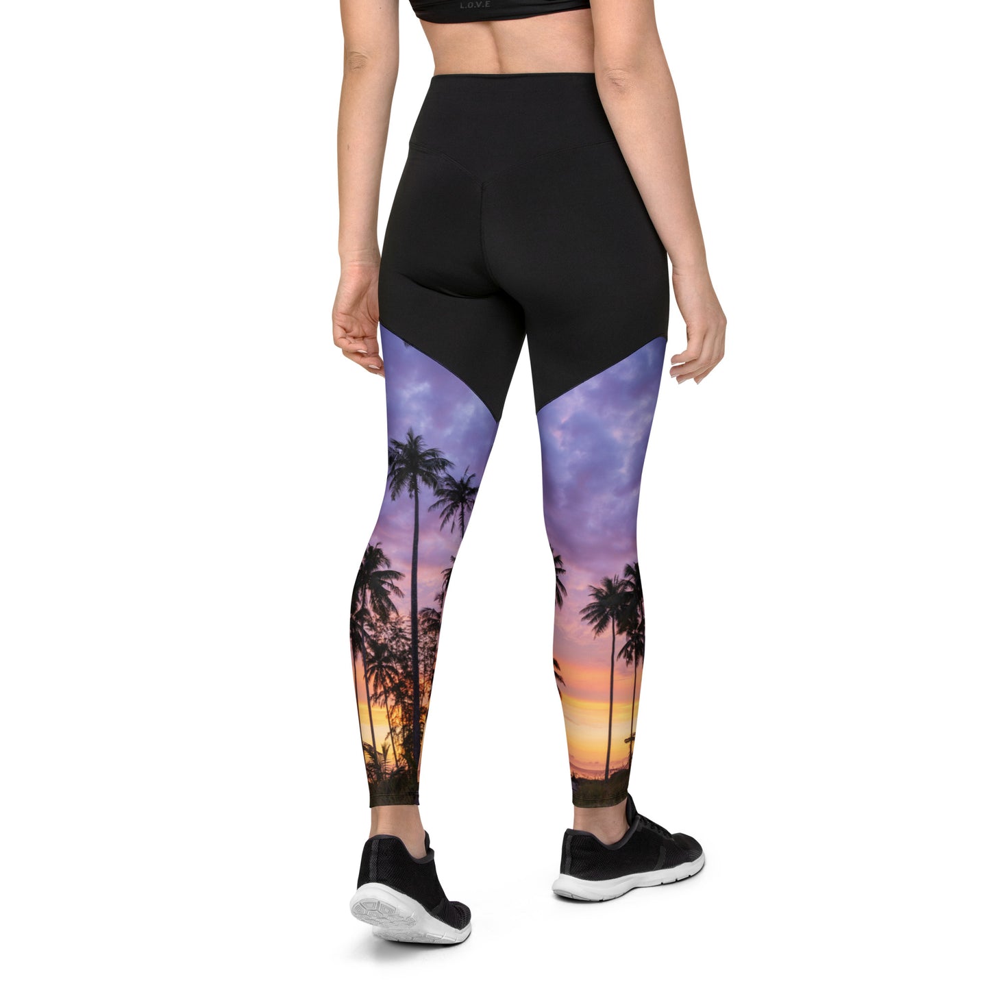 Sports Leggings - Upper Black with purple sunset palm trees