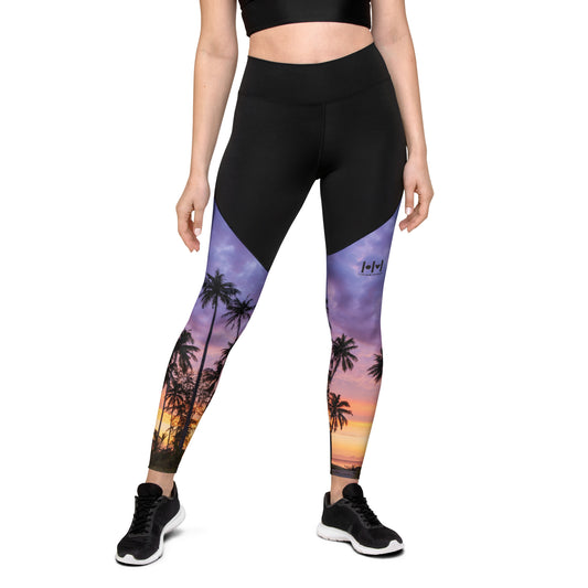 Sports Leggings - Upper Black with purple sunset palm trees