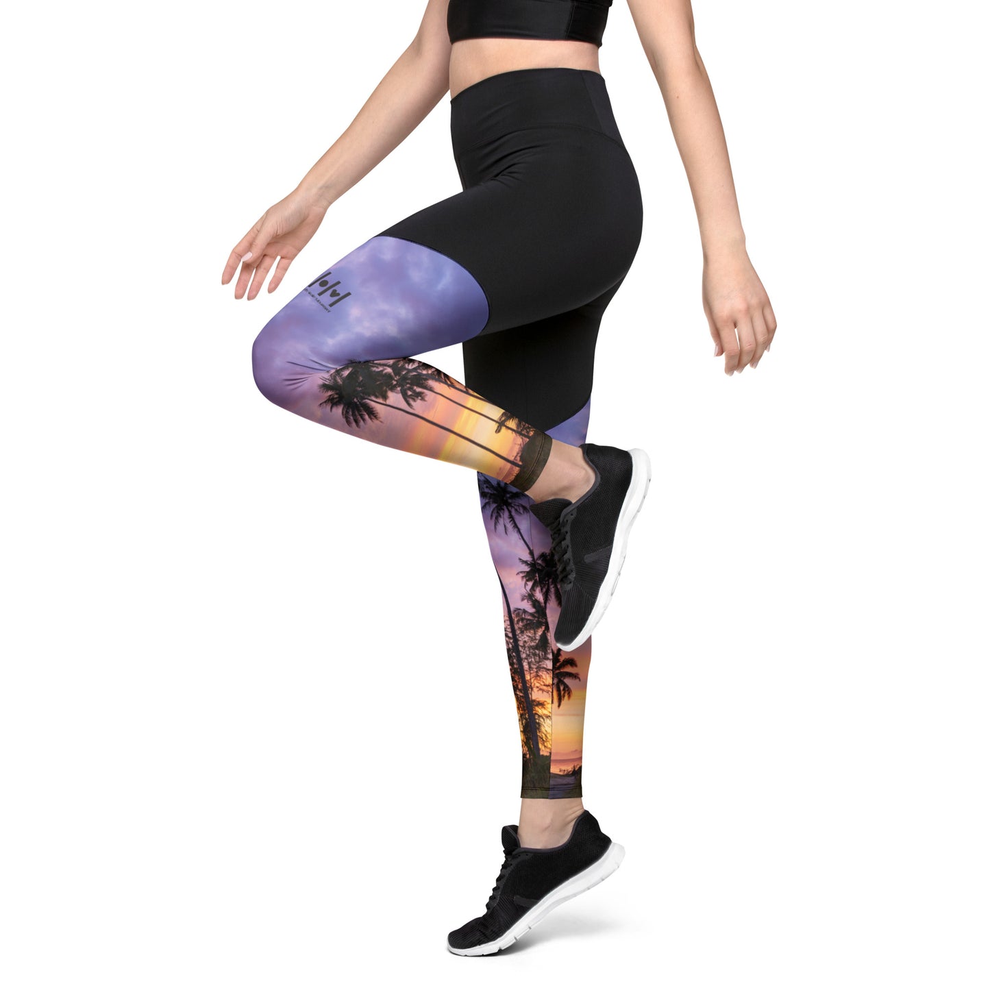 Sports Leggings - Upper Black with purple sunset palm trees