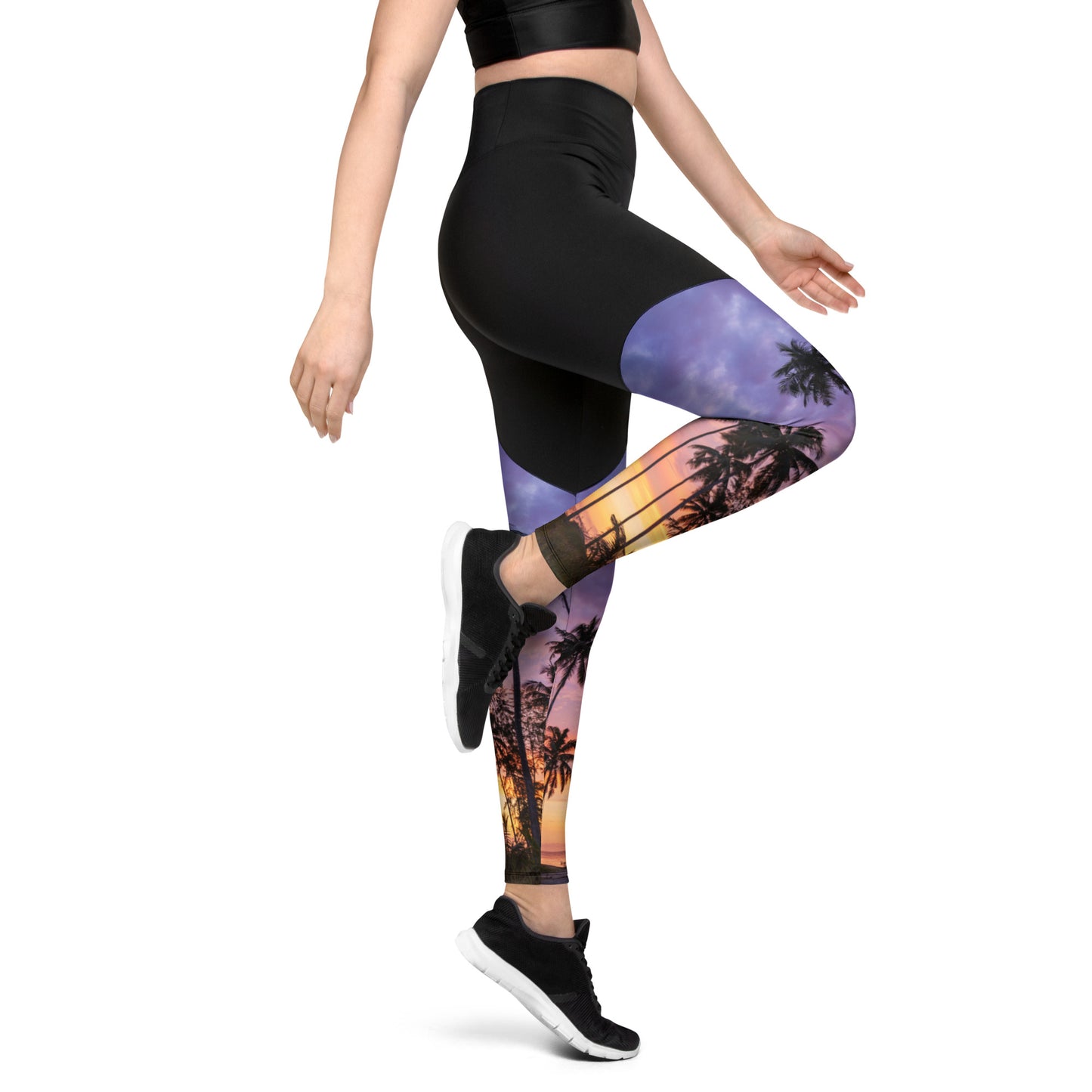 Sports Leggings - Upper Black with purple sunset palm trees