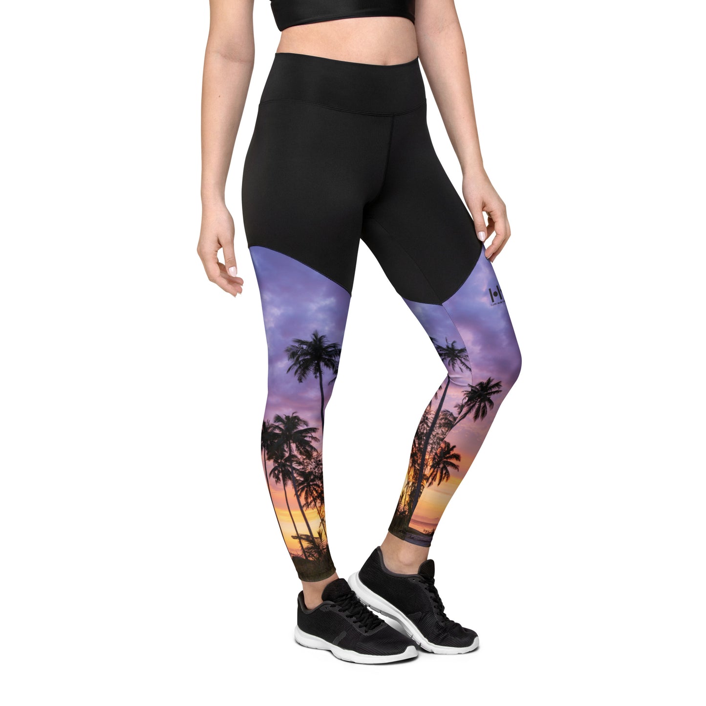 Sports Leggings - Upper Black with purple sunset palm trees